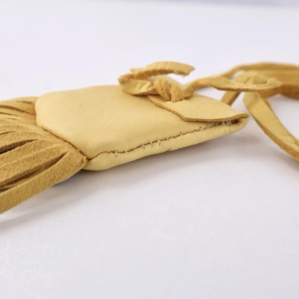 Handmade Buckskin Leather Medicine Bag Necklace Fringed Pouch Tan Leather 19